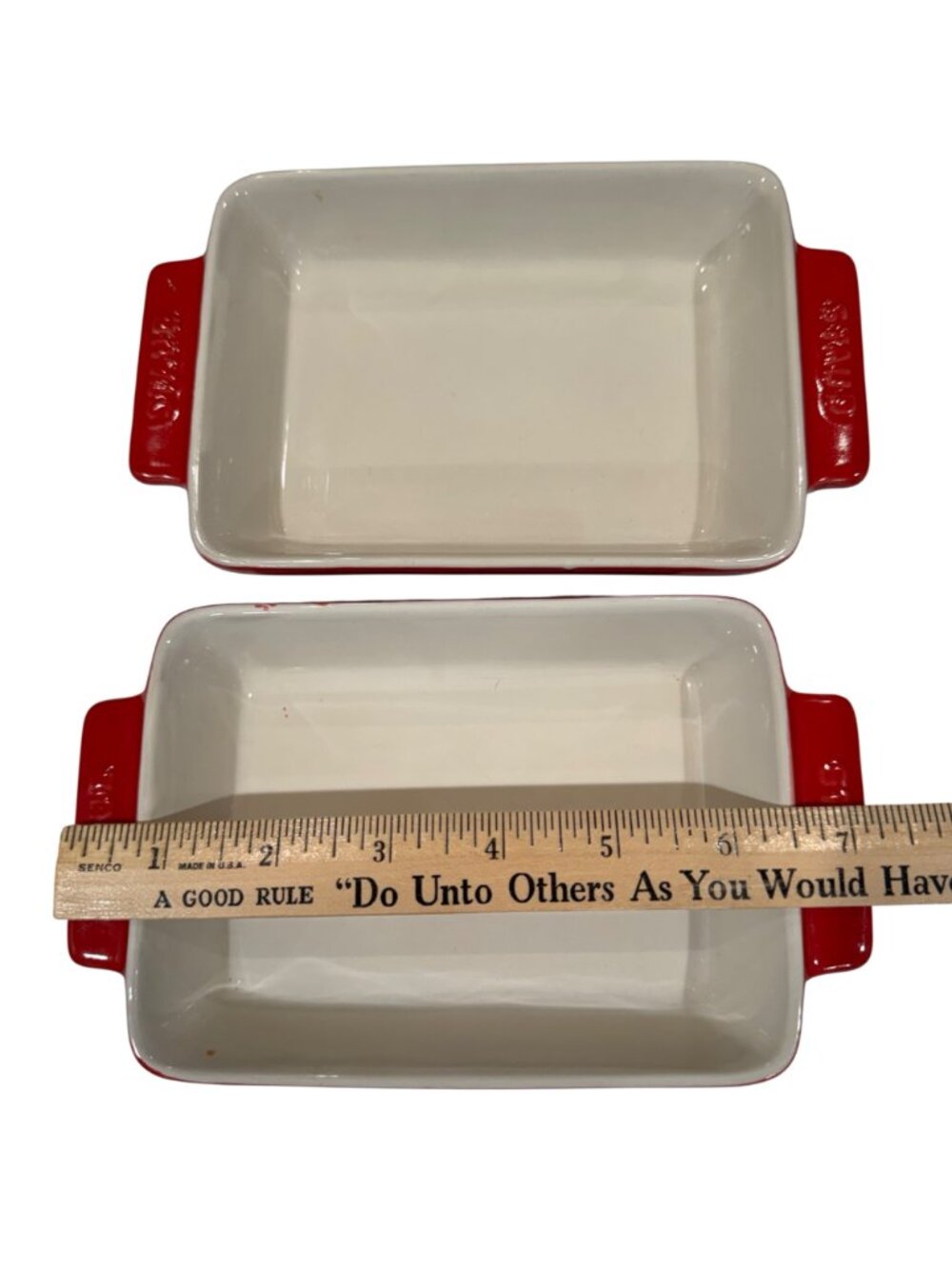 2 Staub Ceramic Rectangular Individual Baking Dishes Set Cherry Red Cream 6.5 in - Picture 6 of 14